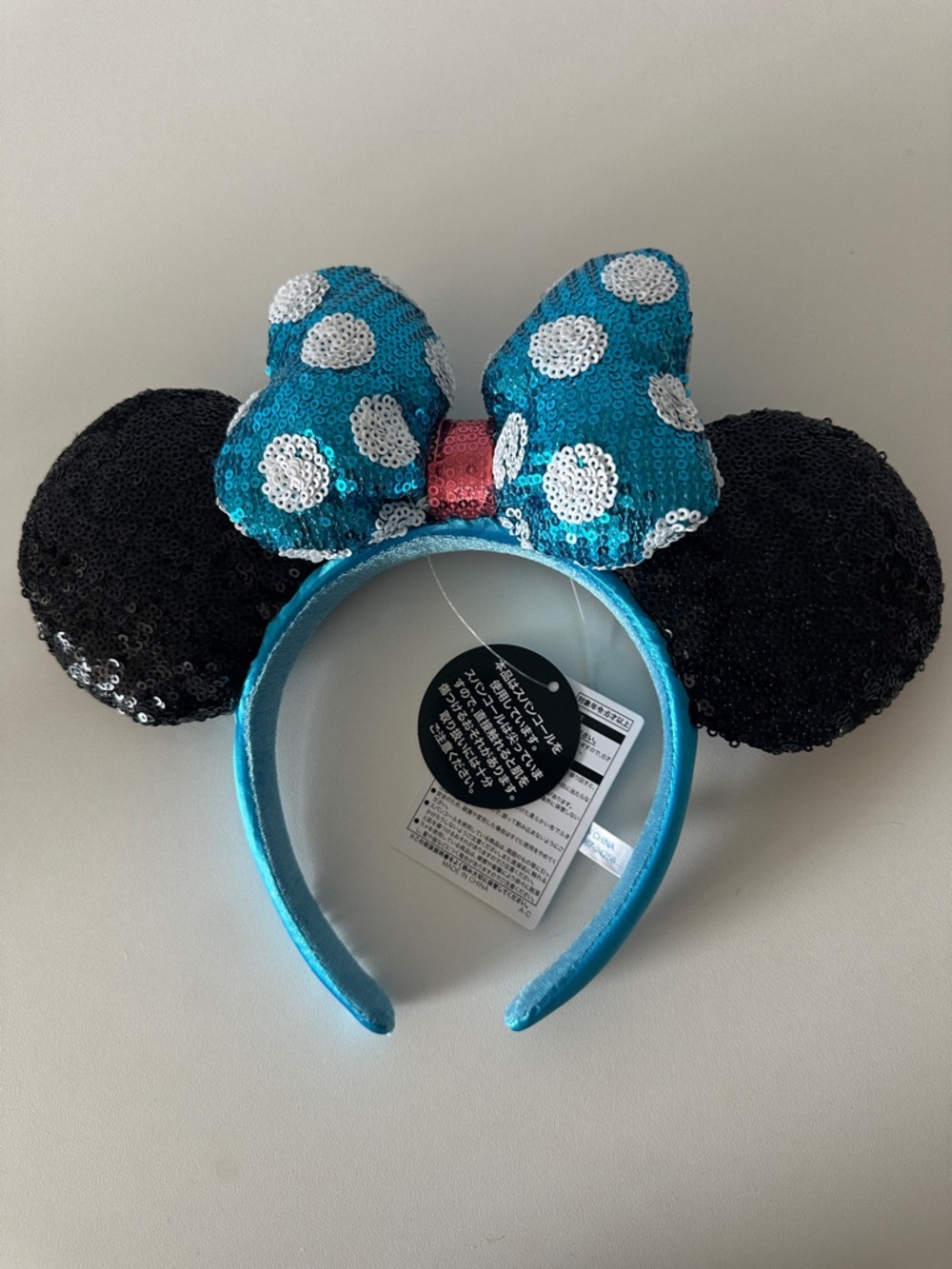 NWT Sequin Minnie Mouse Ears Headband - Blue White Polka Dot Bow